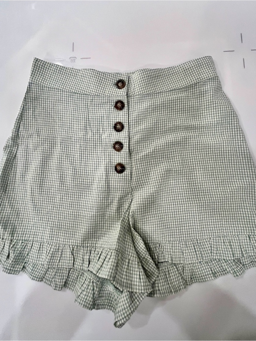 re:named Mint Green Gingham High-Waist Ruffle Shorts